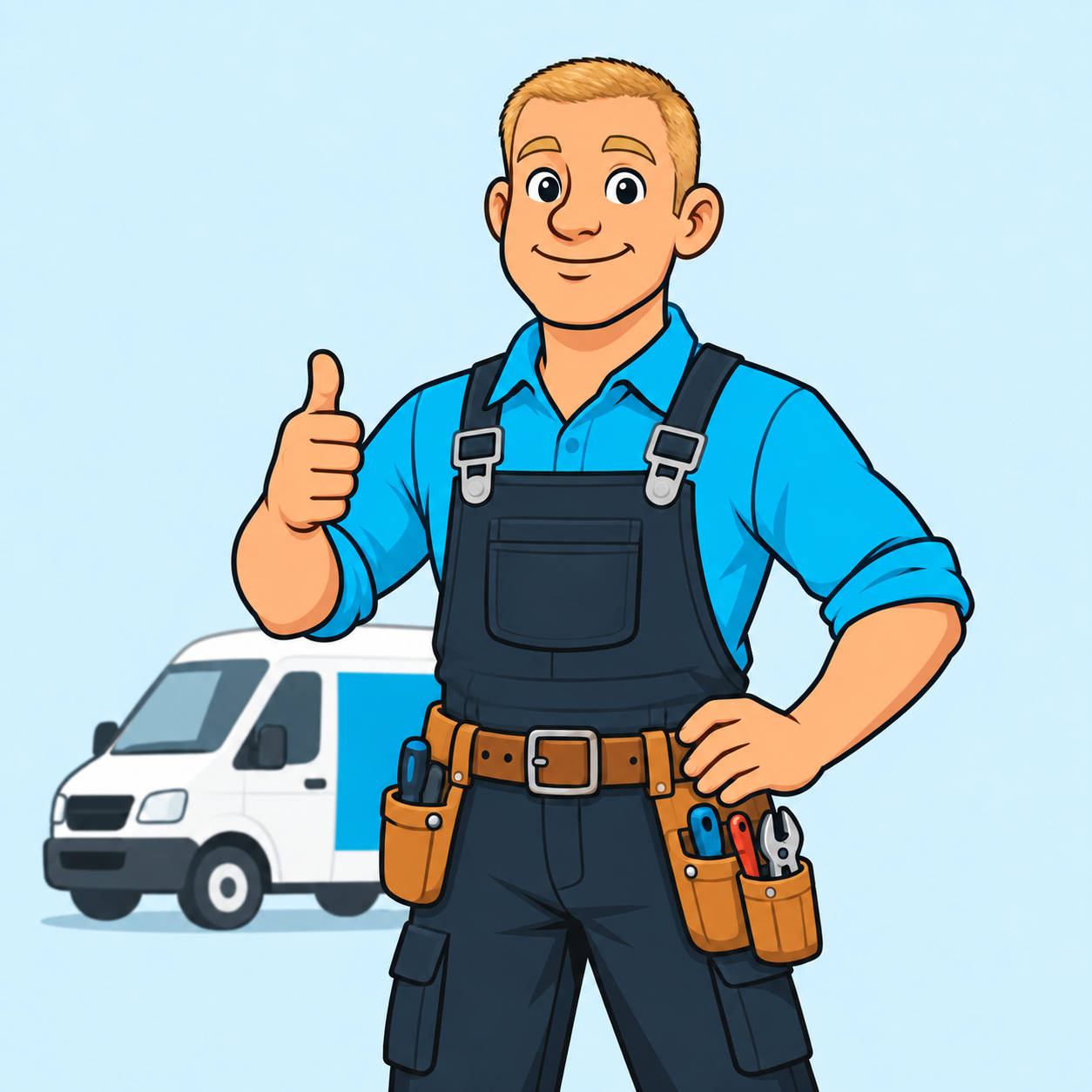 Illustration eines Sanitärmeisters Anfang 30 mit ganz kurzen blonden Haaren und erhobenem Daumen
