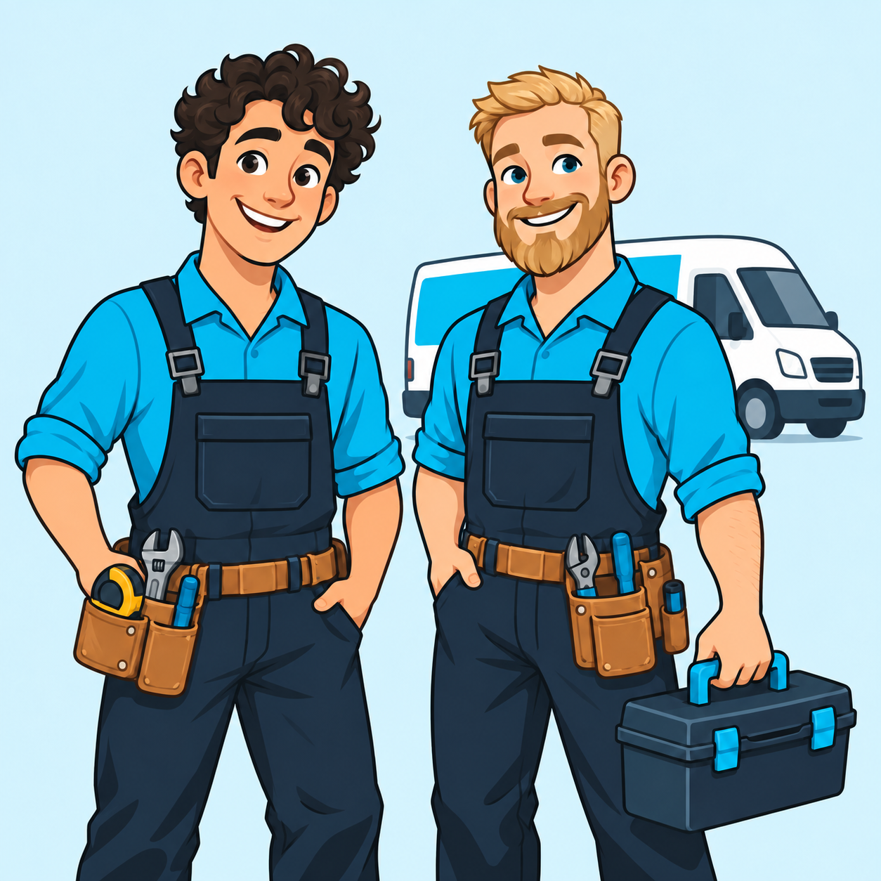 Zwei illustrative Sanitär-Handwerker in Arbeitskleidung, einer mit Werkzeugkoffer