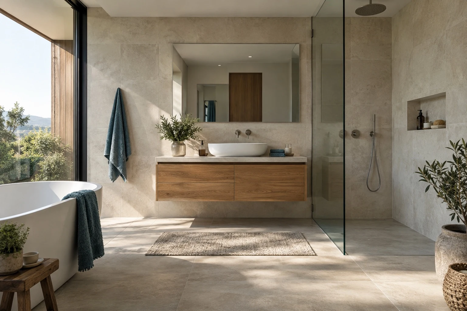 Badinspiration mit freistehender Badewanne, Holzwaschtisch und bodengleicher Glasdusche